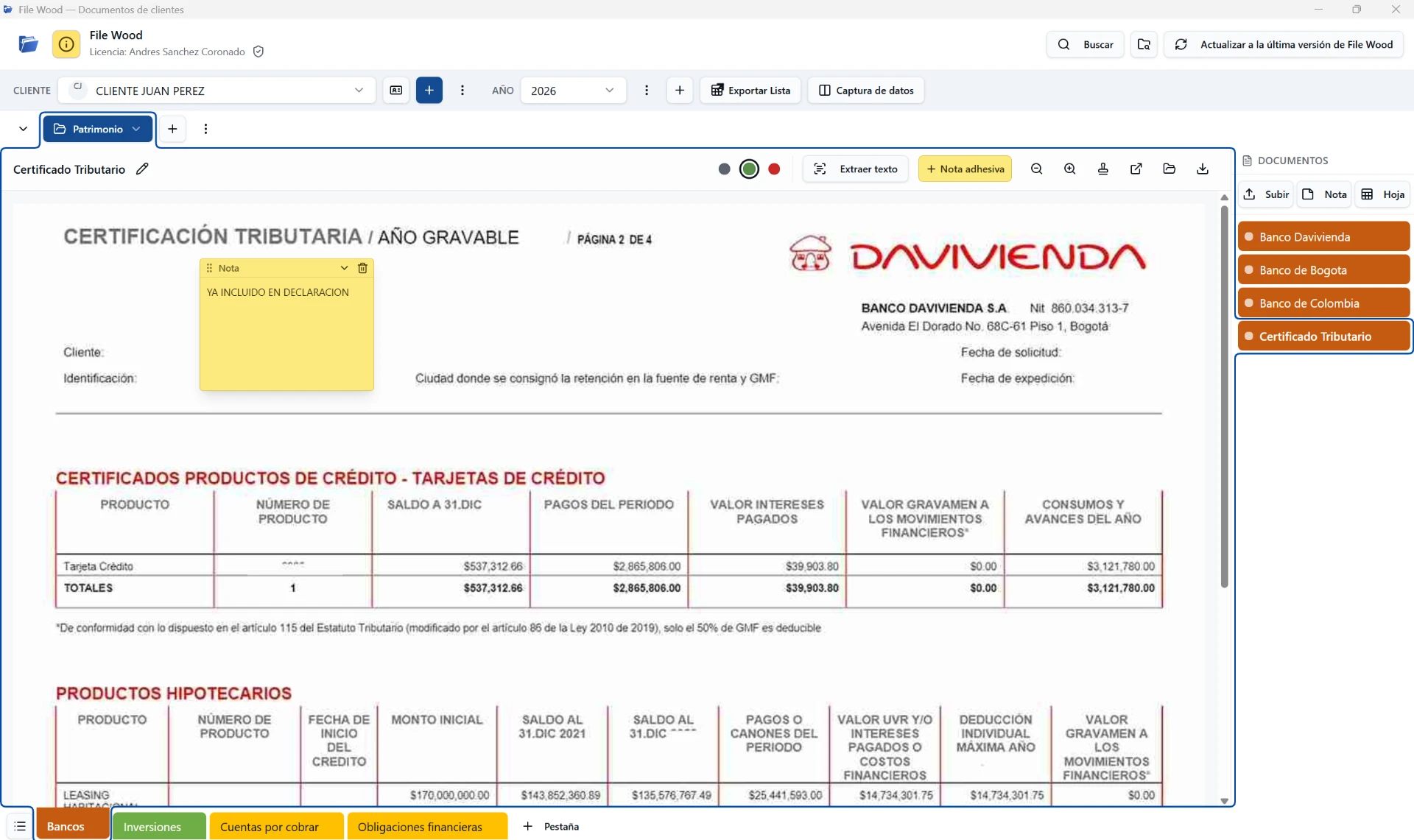 Vista real de File Wood: certificado tributario con nota adhesiva, semáforo y pestañas de color