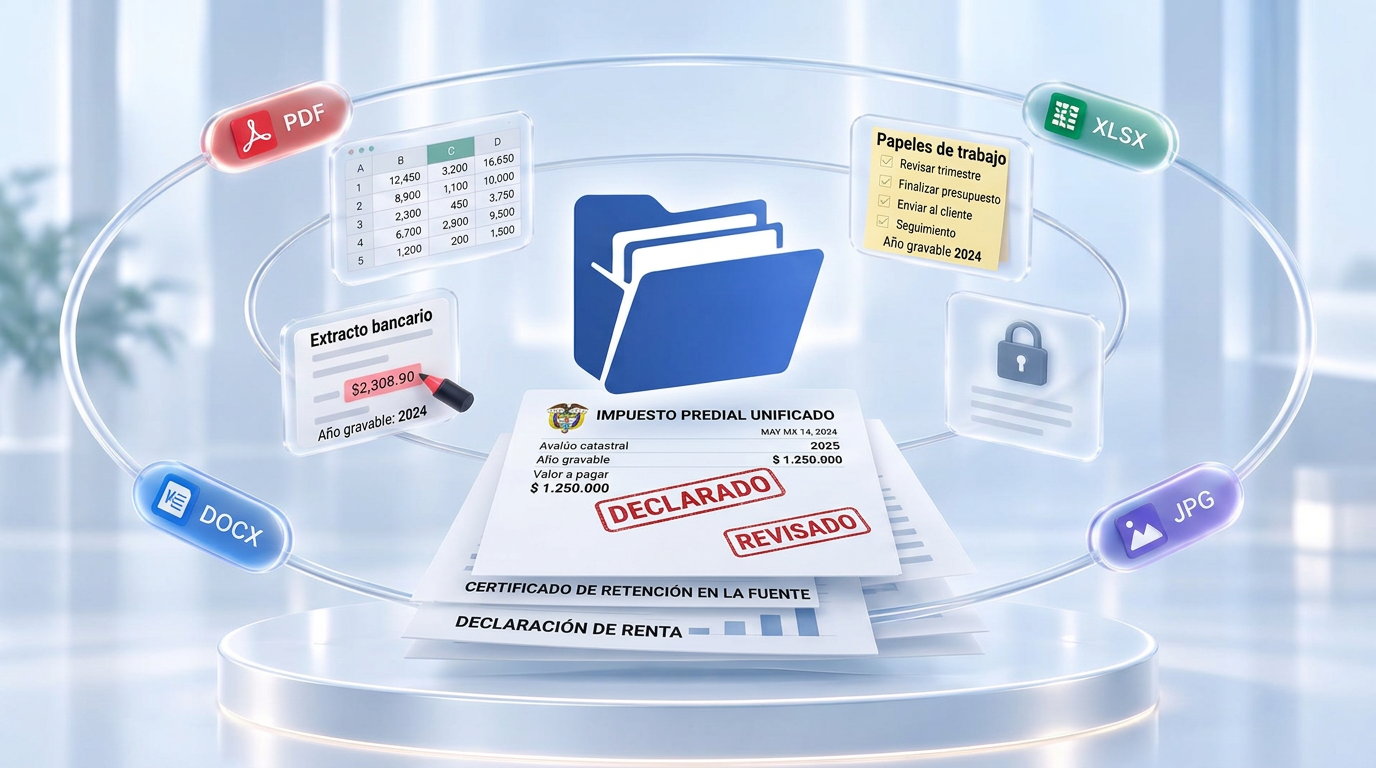 Documentos organizados en el centro con las herramientas y formatos girando alrededor